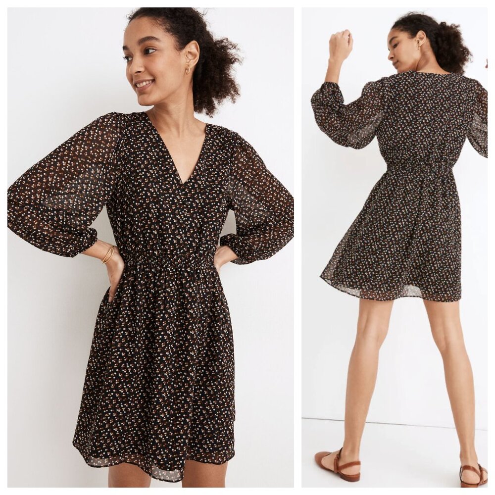 NWT Madewell Georgette Ditsy Floral Black Button Front Long Sleeve Mini Dress